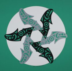 Native art print of six salmon in a circle titled New Territory (Sea) by Dylan Thomas