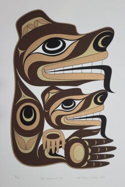 Native art print of a mother bear and its cub