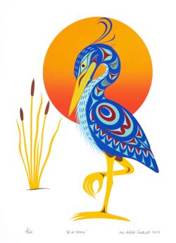 Limited edition screen print of a Blue Heron with an orange sun in the background