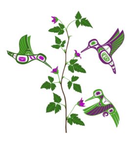 Native art print titled Spring Bliss, showing three hummingbirds around a salmonberry bush.