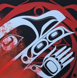 Indigenous art print by Adam Lewis, titled He Who Carries Stories, showing an abstract raven and the sun in the background.